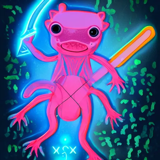 Image similar to uv-reactive fluorescent ultra-detailed anthropomorphic axolotl with a sword and a lantern, digital art, 4k HD, artstation HD