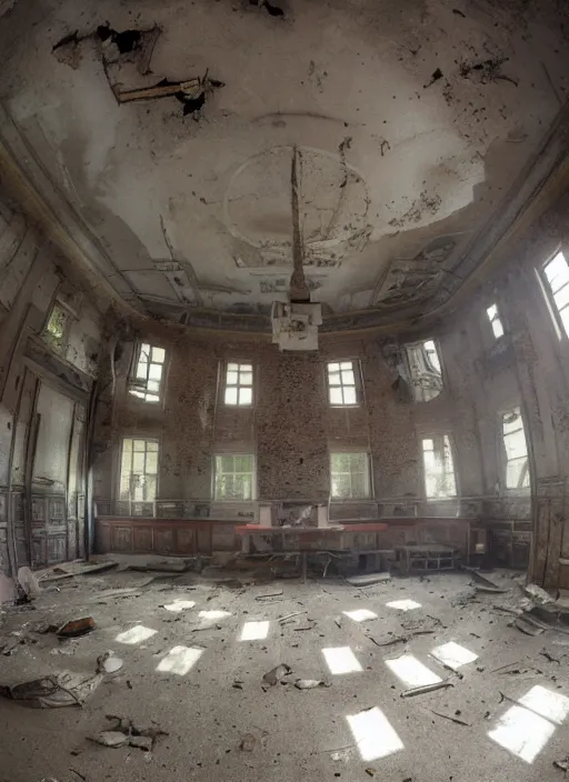 Image similar to fisheye view interior of a abandoned school with ghots flying around, mysticism, art style by kim jung gi karl marx greg rutkowski ghibli, au naturel, hyper detailed, digital art, trending in artstation, cinematic lighting, studio quality, smooth render, unreal engine 5 rendered, octane rendered