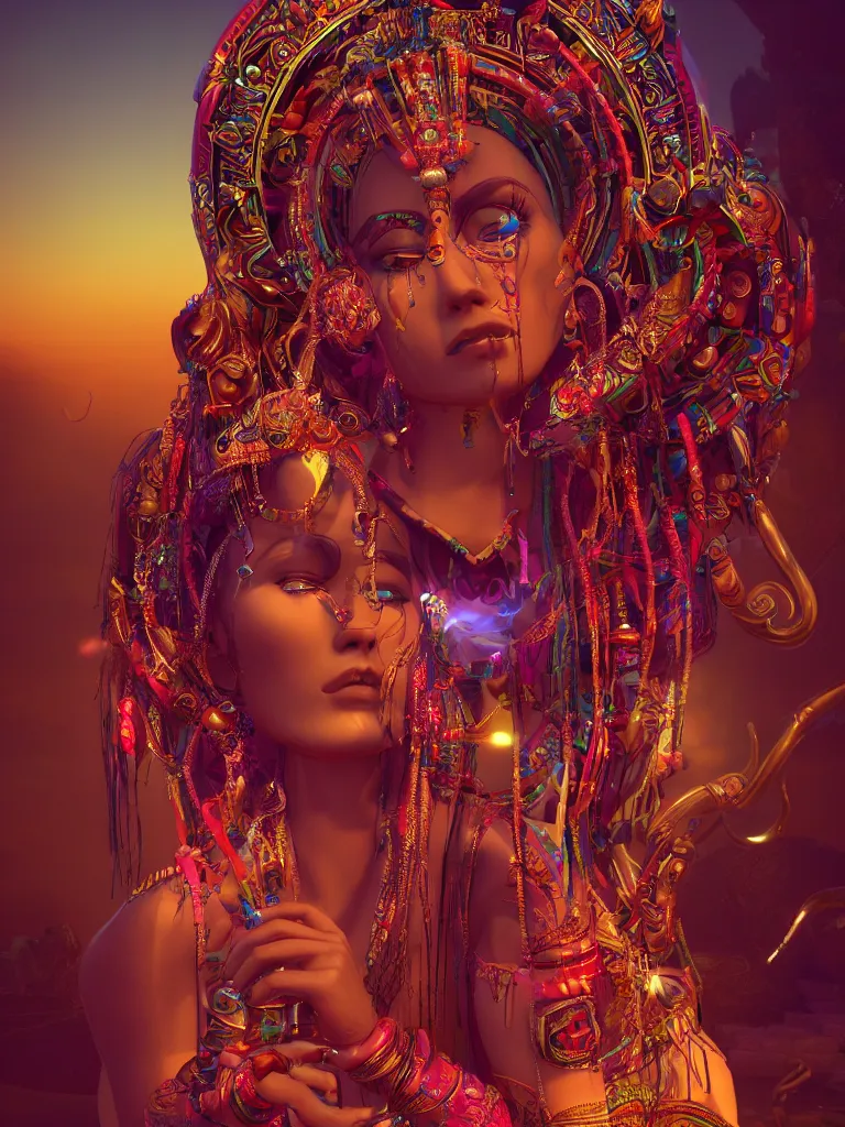 Prompt: a centered render of an alluring tribal goddess plays music on a complex synthesizer in a mystical psychedelic temple, full body, gorgeous face, perfect face, powerful, by viktoria gavrilenko, 3 d, trending on artstation, octane render, 8 k