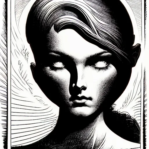 Image similar to medium portrait soft light, by bernie wrightson and joe fenton, inspired by ceramic robots mythology, etching, fine, sharp high detail, duotone screen print,