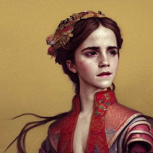 Prompt: a highly detailed portrait of emma watson as a medieval chinese princess, beautiful detail and color, art by john collier and albert aublet and krenz cushart and artem demura and alphonse mucha, volumetric lighting, octane render, 4 k resolution, trending on artstation, masterpiece