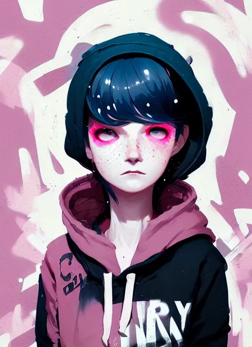 Image similar to highly detailed portrait of a urban punk lady student, blue eyes, hoodie, white hair by atey ghailan, by greg rutkowski, by greg tocchini, by james gilleard, by joe fenton, by kaethe butcher, gradient black, brown and pink color scheme, grunge aesthetic!!! ( ( graffiti tag wall background ) )