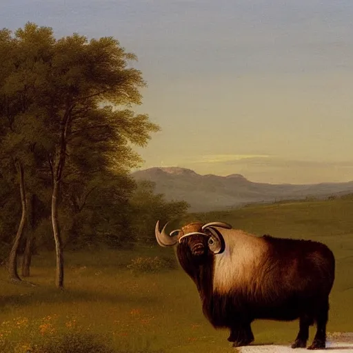 Image similar to oil painting by george stubbs of a musk ox and a man in a meadow at sunset.