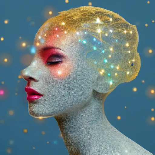 Prompt: portrait of a beautiful futuristic woman layered with high-tech jewelry wrapping around her face and head, golden-silver light with tiny blue, gold, and red gems scattered like dust, white lace background