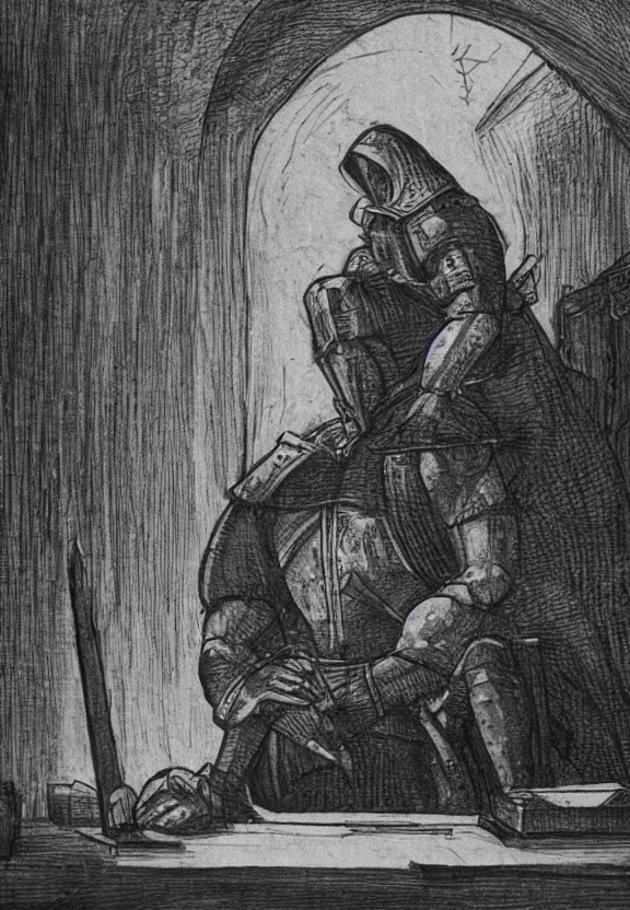 Image similar to [Medieval templar sitting on a desk watching youtube on a computer in a little dark room, illustration, sharp, focus, high quality, smooth]