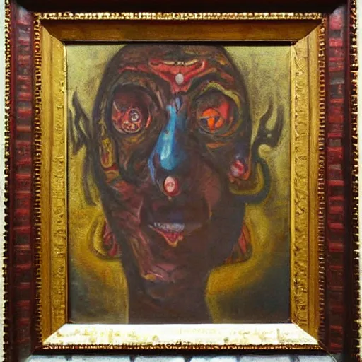 Image similar to portre of an autistic demon on acid, masonic and kabalistic symbols in background, oil painting