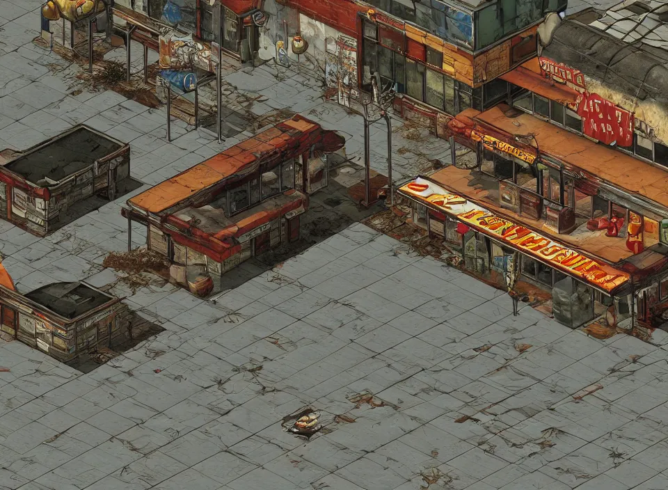 Image similar to Screenshot of the outside of an abandoned rusty McDonald restaurant in Fallout 2 (1998), isometric perspective, postapocalyptic, bird's eye view, high quality