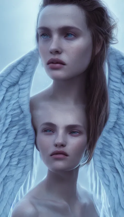 Image similar to portrait art of female angel, art by alessio albi 8 k ultra realistic, angel wings, lens flare, atmosphere, glow, detailed, intricate, full of colour, led lighting, trending on artstation, 4 k, hyperrealistic, focused, extreme details, unreal engine 5, masterpiece