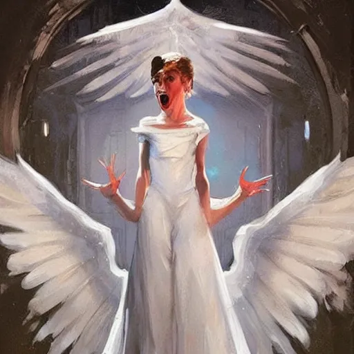 Image similar to Painting by Greg Rutkowski, an opera singer in a white dress with wings on stage