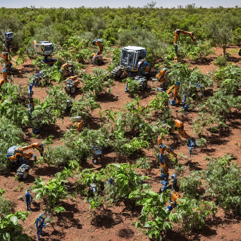 Prompt: robots harvesting a permaculture jungle in the desert, XF IQ4, 150MP, 50mm, F1.4, ISO 200, 1/160s, natural light