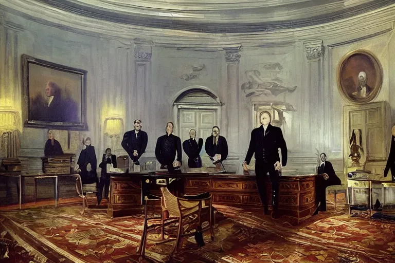 Image similar to a grand portrait of a tall terrifying alien president in the white house oval office. majestic room. he is surrounded by alien advisors. in the style of american impressionist painting. in the style of 1 8 0 0 s romanticism painting. in the victorian era. fantastic composition. dramatic lighting. lots of aliens. aliens. aliens.