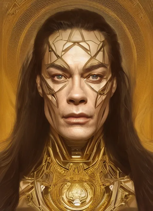 Image similar to symmetry!! jean claude van damme, machine parts embedded into face, intricate, elegant, highly detailed, digital painting, artstation, concept art, smooth, sharp focus, illustration, art by artgerm and greg rutkowski and alphonse mucha, 8 k