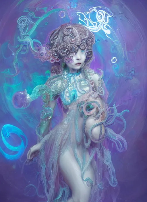 Image similar to A full shot of a cute magical monster Cryptid wearing a dress made of opals and tentacles. Chibi. Subsurface Scattering. Translucent Skin. Caustics. Prismatic light. defined facial features, symmetrical facial features. Opalescent surface. Soft Lighting. beautiful lighting. By Giger and Ruan Jia and Artgerm and WLOP and William-Adolphe Bouguereau and Loish and Lisa Frank. Sailor Moon. trending on artstation, featured on pixiv, award winning, sharp, details, intricate details, realistic, Hyper-detailed, HD, HDR, 4K, 8K.