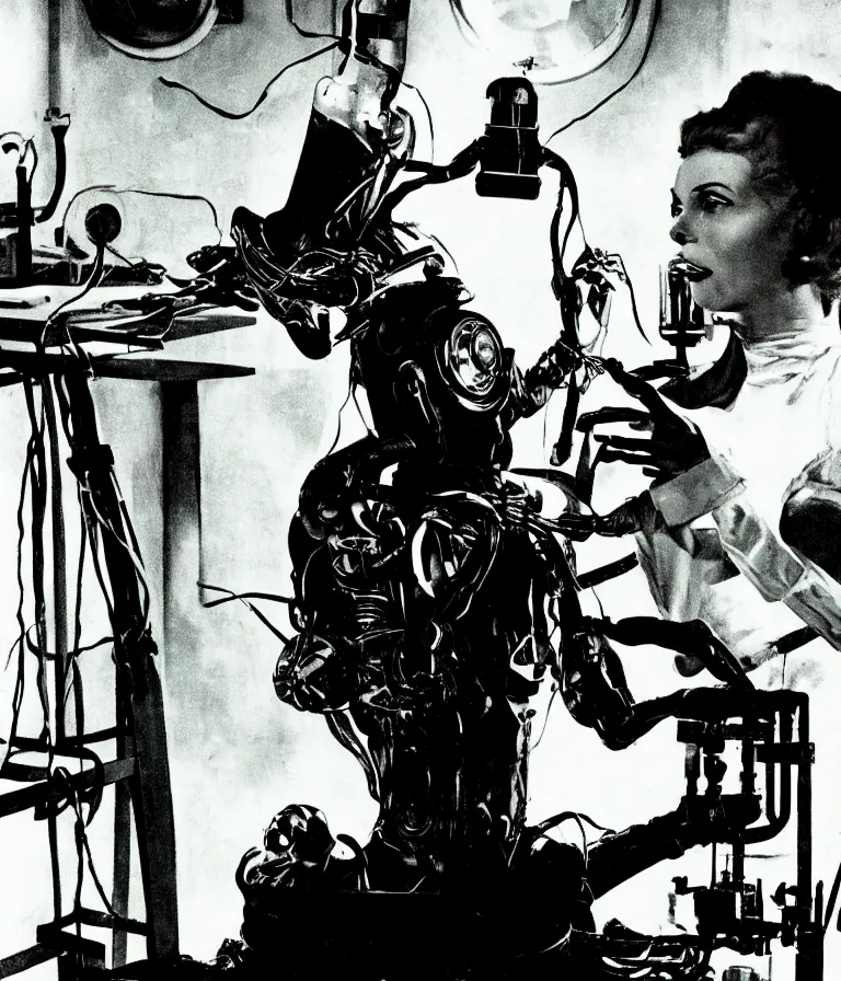 Prompt: a female mad scientist building a humanoid robot - man, in a darkly lit laboratory room, 1 9 5 0 s horror movie poster style, norman rockwell oil painting, tight shot, close - up shot, retro science fiction, vintage, saturated pink and green lighting, shadowy lighting, cohesive