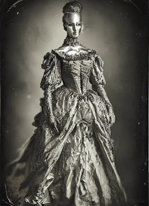 Image similar to old wetplate daguerreotype portrait of a futuristic silver armored headless marie antoinette cyborg, fractal, intricate, elegant, highly detailed, parallax, leica, medium format, subsurface scattering, by jheronimus bosch and greg rutkowski and louis jacques mande daguerre