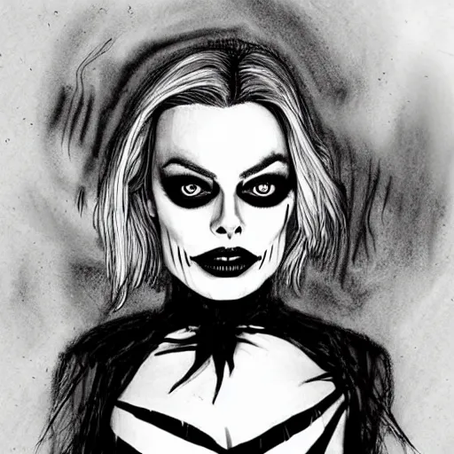 Image similar to grunge drawing of margot robbie in the style of jack skellington