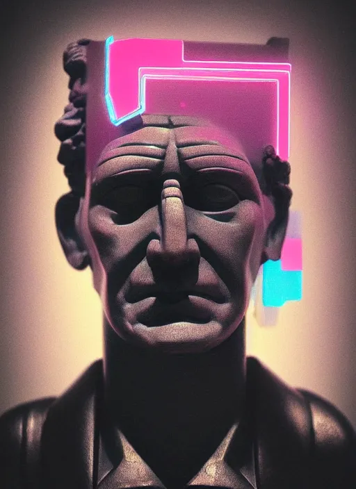 Image similar to portrait of a statue of an angry julius caesar, beeple, vaporwave, retrowave, black background, neon, black, glitch, strong contrast, neon wiring, cuts, pinterest, trending on artstation