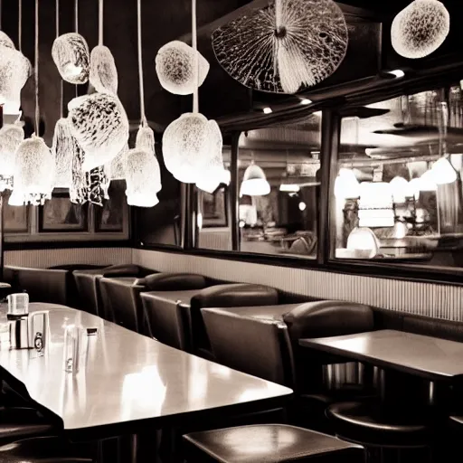 Prompt: inside of a diner with jellyfish lampshades, cozy lighting, late night, photo