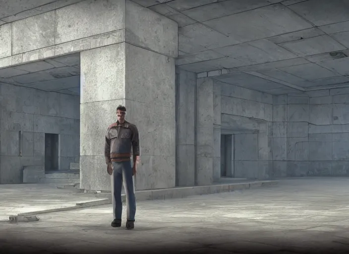 Image similar to a man standing in a brutalist soviet temple, a detailed matte painting by senior environment artist, cgsociety, fantasy art, reimagined by industrial light and magic, unreal engine 5, matte painting