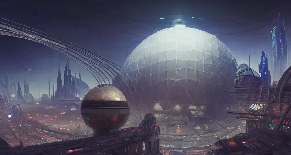 Image similar to cinematic shot, futuristic city on the moon inside a giant geodesic dome, utopian, night, stars, digital painting, artstation, concept art, smooth, sharp focus, illustration, intricate, elegant, highly detailed, in the style of greg rutkowski and alphonse mucha and artemisia, 8 k, highly detailed, jurgens, rutkowski