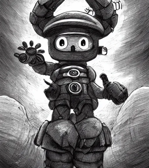 Image similar to beautiful little boy wearing an cyborg bear suit, artwork in kentaro miura and made in abyss and, inspired in super bomberman, smooth, beautiful lightness, anatomically correct, trending on pixiv, forest