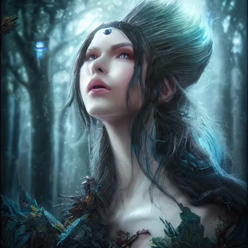 Prompt: Beautiful art portrait of a female fantasy sorceress in a dark mystical fantasy ruin surrounded by eerie dead forest , masterpiece, trending on artstation, unreal 5, DAZ, hyperrealistic, octane render, dungeons and dragons, dynamic lighting