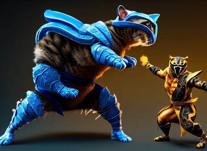 Image similar to hamster dressed as sub zero fights a cat dressed as scorpion in mortal kombat on the background of a laughing shao khan. fantasy magic style. highly detailed 8 k. intricate. lifelike. soft light. sony a 7 r iv 5 5 mm. unreal engine with nanite and path tracing