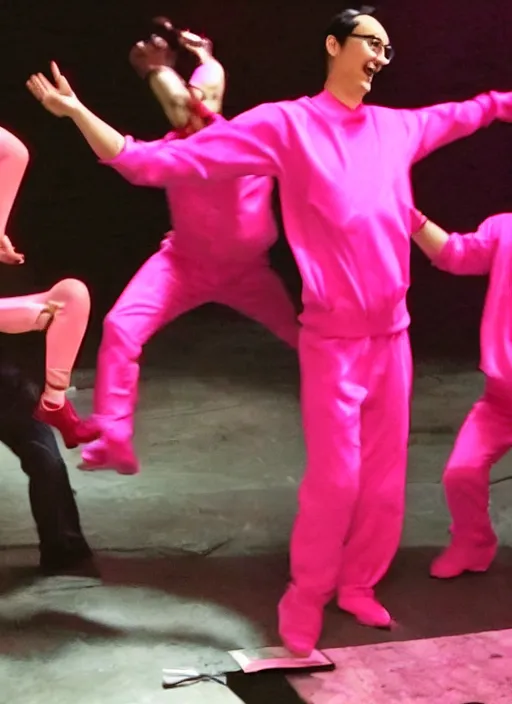 Image similar to goji singing in an scenario while filthy frank dances next to him in a pink outfit