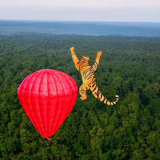 Image similar to a tiger jumping off a cliff with large open ballon parachute