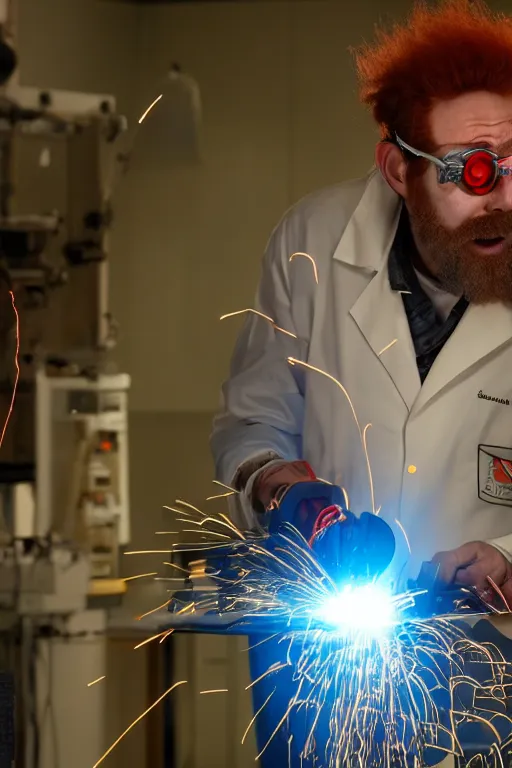 Prompt: an awkwardly tall scientist with a tangled beard and unruly red hair atop his balding head wearing a headlamp a labcoat and welding goggles and holding a beaker, high resolution film still, movie by Ivan Reitman