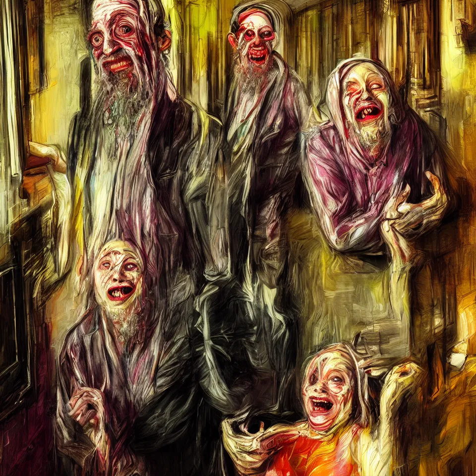 Image similar to bright realistic chabad cult smiling franticly, old apartment, rotten flesh, diffuse lighting, fantasy, intricate, elegant, highly detailed, lifelike, photorealistic, digital painting, artstation, illustration, concept art, smooth, sharp focus, art by francis bacon and jenny saville