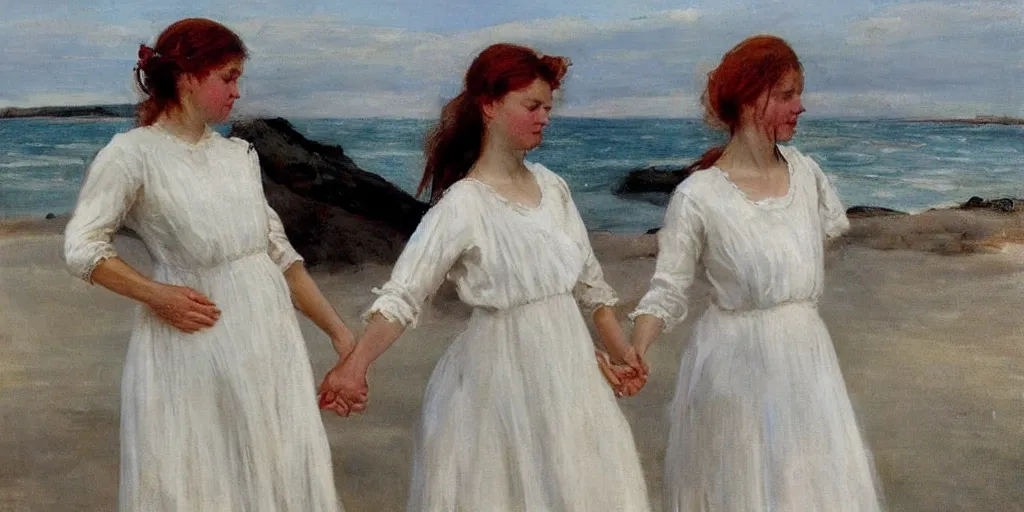 Image similar to two young edwardian women wearing white dresses hold hands on a beach in Sweden, in the style of Anders Zorn