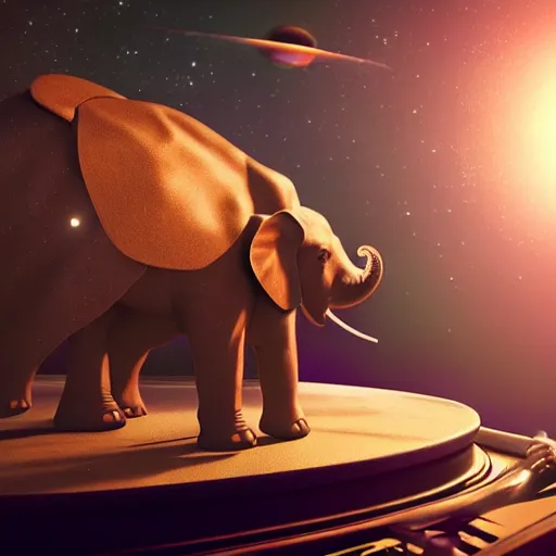 Prompt: a hyperrealistic 3D octane render of an elephant playing piano in a planetarium with planets and galaxies, trending on artstation, photorealism, 8k, 4K, dramatic lighting, glowing, volumetric lighting, ray tracing, unreal engine