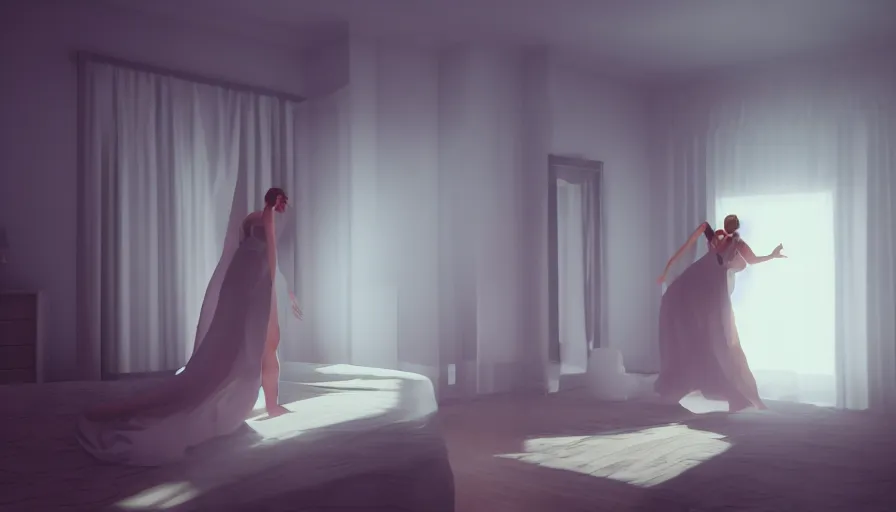 Prompt: woman wearing a gown dancing in her bedroom at night, very detailed, artstation, soft lights, sharp focus, 8 k, unreal engine, heavy grain, fine facial features