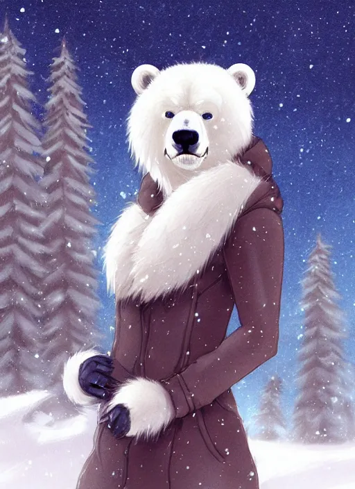 Image similar to award winning beautiful portrait commission art of a female furry anthro polar bear fursona with a cute beautiful attractive detailed furry face wearing cute stylish winter clothes at a comfy winter cabin at dusk by firelight. Character design by charlie bowater, ross tran, artgerm, and makoto shinkai, detailed, inked, western comic book art