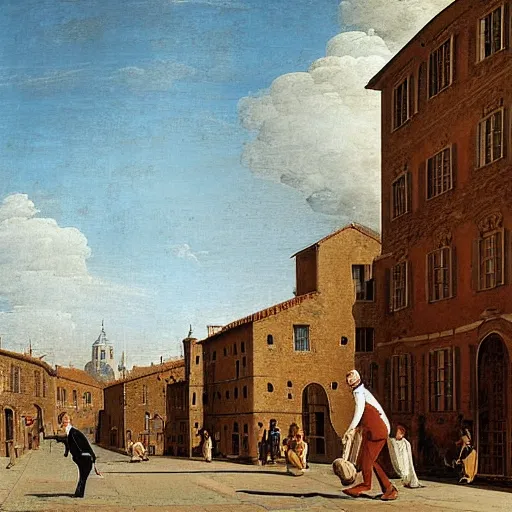 Prompt: mr. bean walks down a street on a sunny day by canaletto