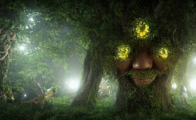 Prompt: a beautiful render of a tree with human heads as fruits in rainforest, big flashlight lighting, intricate detail, hazy, humid, volumetric lighting, god rays, 8 k, photorealistic, raytracing effects, unreal engine 5, terrorific, suspense