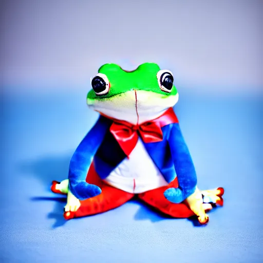 Image similar to cute plushie frog wearing a sailor suit, studio photography,