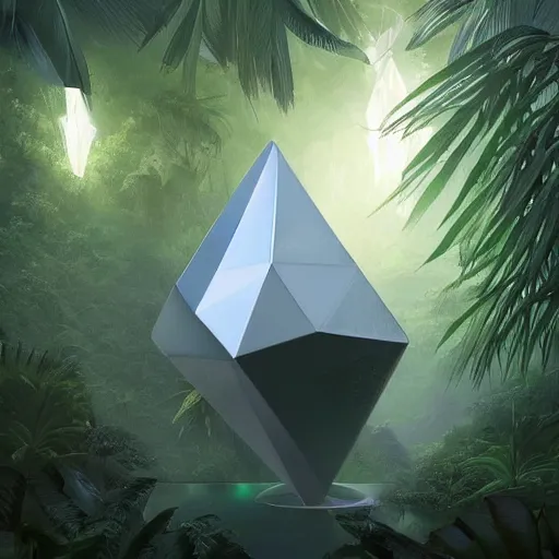 Image similar to peter tarka, minimalistic, hyperrealistic surrealism, award winning masterpiece with incredible details, epic stunning, a highly reflective chrome octahedron with lights coming out of the bottom in the middle of a tropical rainforest, alien structure, highly detailed, trending on ArtStation, artgerm and greg rutkowski and alphonse mucha, daily deviation, IAMAG