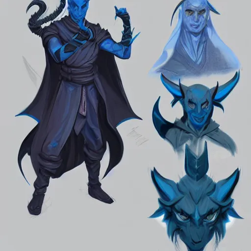 Image similar to D&D character concept art of a cloaked tiefling, tiefling rogue, blue skin color with short horns and a devil tail, fighting pose of a Rogue holding daggers, black cloak hidden in shadows, full body pose, soft colors, fantasy, intricate, elegant, highly detailed, digital painting, artstation, concept art, smooth, sharp focus, illustration, wide angle shot, full body visible, art by artgerm and H R Giger and alphonse mucha