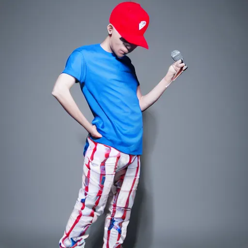 Prompt: a portrait of an american teenage boy with blue colored hair, wearing a red backwards cap, white t - shirt with a red no symbol on it, blue long pants and red shoes, holding a microphone, studio lighting, photoshoot, grey backdrop