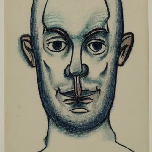 Prompt: portrait of bald short - bearded man with round face, small eyebrows, wide lips and kind blue eyes, minimalictic black and white art brut, ink, pencil