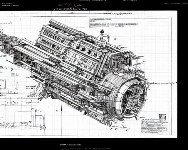 Image similar to a full page of a mechanical blueprint showing a simple cutaway design for a wooden wolf from howl's moving castle ( 2 0 0 4 ), with a pilot inside, muted colors, post grunge, studio ghibli, hq