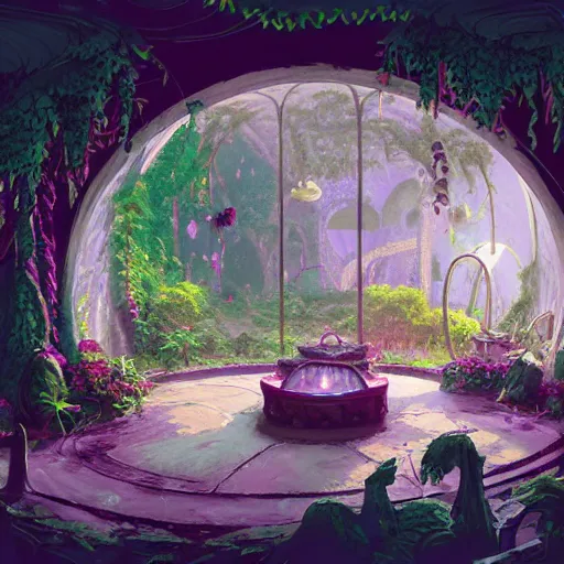 Image similar to concept art painting of a interior of a cozy alien fantasy cottage made of mushrooms and fungus, circular windows, with black vines and magenta houseplants, realistic, detailed, cel shaded, dark, in the style of makoto shinkai and greg rutkowski and james gurney