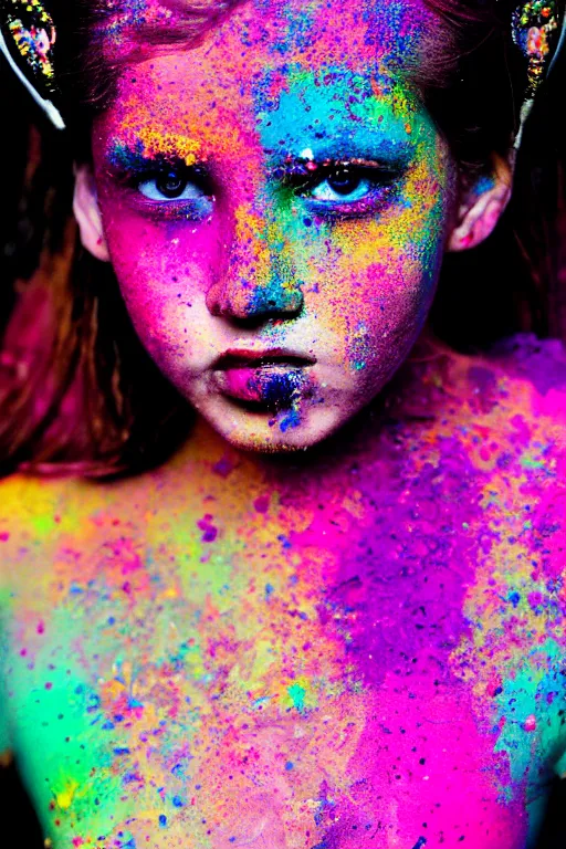 Prompt: A full body portrait of a girl covered in holi powder featured in Vogue and GQ editorial fashion photography, beautiful eye, symmetry face, haute couture dressed by Givenchy and Salvatore Ferragamo