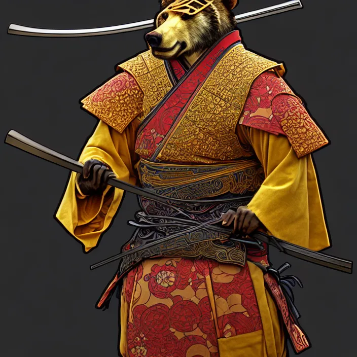 Image similar to anthropomorphic samurai bear, diffuse lighting, fantasy, intricate, highly detailed, lifelike, photorealistic, digital painting, artstation, illustration, concept art, smooth, sharp focus, art by alphonse mucha and stan sakai