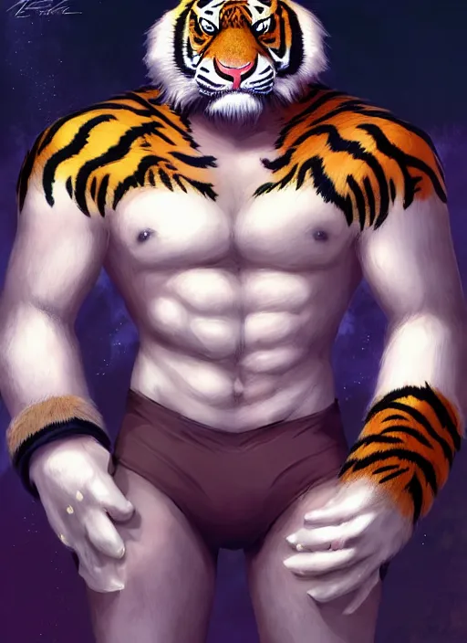 Image similar to character portrait of a male anthro Tiger fursona wearing wrestler's spandex in a futuristic wrestling ring. Character design by charlie bowater, ross tran, artgerm, and makoto shinkai, detailed, inked, western comic book art