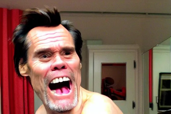 Image similar to jim carrey making a silly face in front of the bathroom mirror