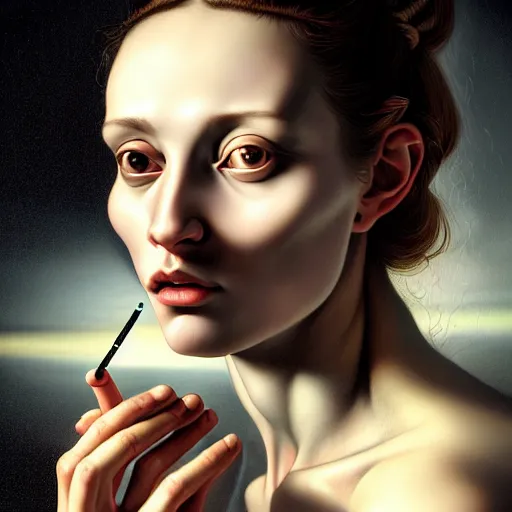 Prompt: Colour Caravaggio style Photography of Beautiful woman with highly detailed 1000 years old face wearing higly detailed sci-fi halo above head designed by Josan Gonzalez. Woman holding cigarette between fingers in her hand, Many details by Caravaggio. . In style of Josan Gonzalez and Mike Winkelmann andgreg rutkowski and alphonse muchaand Caspar David Friedrich and Stephen Hickman and James Gurney and Hiromasa Ogura. volumetric natural light