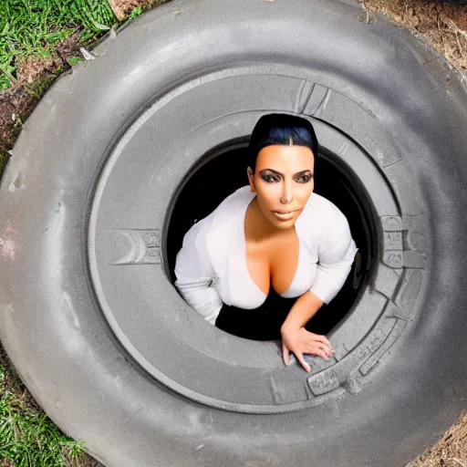 Prompt: photo of kim kardashian trapped inside a sewer grate